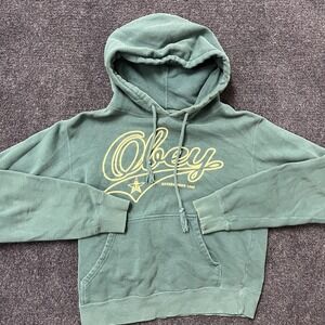 Obey Hoodie Mens Small Green 1989 Script Logo Pullover Fleece Sweatshirt